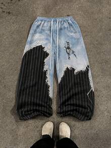 Fractyr Men's Frayed Denim Striped Patchwork Wide Leg Pants, Elastic Waist Gothic Pendant Print Casual Street Style Long Pants - Black - View 6
