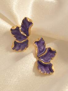 1 Pair Mori Style Maple Leaf & Flower Earrings, Fashionable Light Luxury Versatile Minimalist Colorful Petal Studs - Purple - View 4