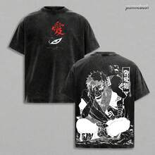 SGaara -  Anime Double Printed Vintage Washed Tee Unisex Oversize Anime Manga Washed Heavyweight Cotton T-Shirt, Gift For Anime Fansummer Outfits KVZB - 黑色 - 查看 1
