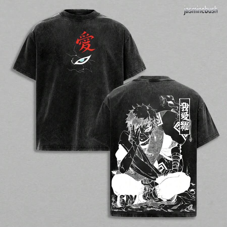 SGaara -  Anime Double Printed Vintage Washed Tee Unisex Oversize Anime Manga Washed Heavyweight Cotton T-Shirt, Gift For Anime Fansummer Outfits KVZB - 黑色 - 查看 1