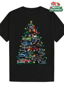 Camisa vintage para hombre con estampado de coche y árbol de Navidad, camisa retro con temática automovilística con coches clásicos, cuello redondo suave, corte informal, ideal para fiestas. - Atrás - Ver 1