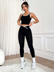1 Set Pakaian Olahraga Hitam Tanpa Jahitan, Tanpa Lengan dan Tanpa Punggung, Lembut & Nyaman, Pas di Badan, Cocok Untuk Olahraga, Lari, Santai, Yoga, Musim Panas dan Gugur - Hitam - View 3