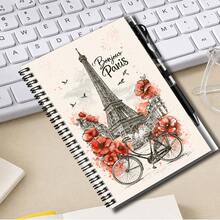 1 Set French Vintage Style 2D Cover Spiral Coil Notebook, Exquisitely Featuring Eiffel Tower And Vibrant Floral Patterns, Paired With Matching Style Pen. Suitable For Back To School, Work Records, Graduation Gifts, Birthday Gifts, Journaling, Daily Planning, And Memo Pads, A Practical And Unique Choice. - F - View 2