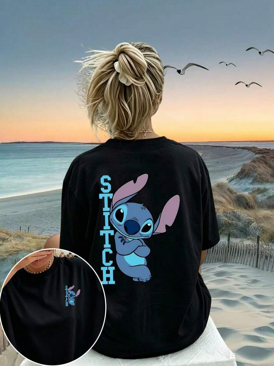 Disney Lilo & Stitch Vertical "STITCH" Back Print Crew Neck Tee, Minimalist Cartoon Casual Top - Black - View 1