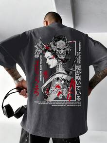 日系暗黑美學印花夏季男款黑色圓領短袖T恤 - 深灰色 - 查看 3
