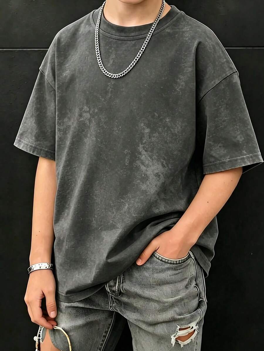 男童扎染短袖T恤,儿童做旧黑色印花宽松休闲透气上衣,夏季 - 黑色 - 查看 1