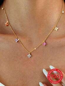 一对925纯银彩色花朵项链，简约优雅，适合日常佩戴、派对或情人节礼物 - 款式6 - 查看 1