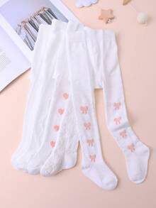 5 Pairs Sweet Cute Heart And Bow Jacquard Mesh White Tights For Baby Girls, Spring/Summer, Daily Versatile, Suitable For Back To School Season - White - View 3