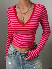Women's Fitted T-Shirt With Round Neck, Long Sleeves, Pleats, Solid Color, Suitable For Summer, Autumn/Winter And Casual Spring Seasons - 紅玫瑰 - 查看 2