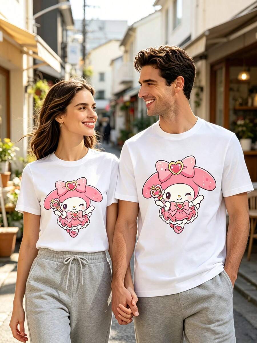 HELLO KITTY AND FRIENDS | Couple's T-Shirt With My Melody And Heart Wand Print,  Sanrio Matching Look For Couples - 白色 - 查看 1