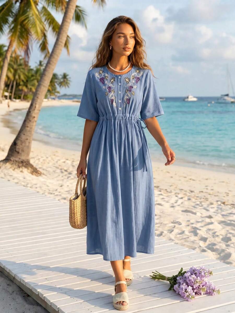 Women's Loose Waist Drawstring Vintage Embroidered Vacation Dress, Spring/Summer Elegant - Dusty Blue - View 1
