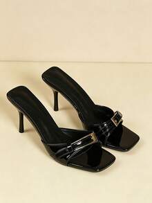 Sandalias mule de mujer de cuero charol negro brillante premium con punta cuadrada y tacón de aguja, diseño minimalista de metal con punta abierta, versátiles para oficina, transporte, vacaciones, citas y fiestas - Negro - Ver 9