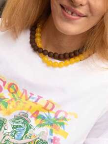 1/2pcs Bohemian Style Natural Wood & Bright Yellow Beaded Necklace, Multi-Layer Chunky Round Ball Exaggerated Neck Chain, Women's Casual Party Layering Necklace - Multicolor - View 8