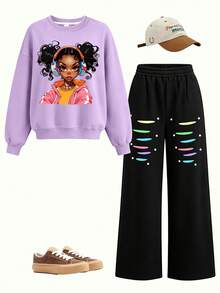 2pcs/Set Hip Hop Street Style Girl Outfit, Portrait Print Cropped Sweatshirt And Colorful Striped Wide Leg Pants, Soft Casual Wear - Mauve Purple - View 2