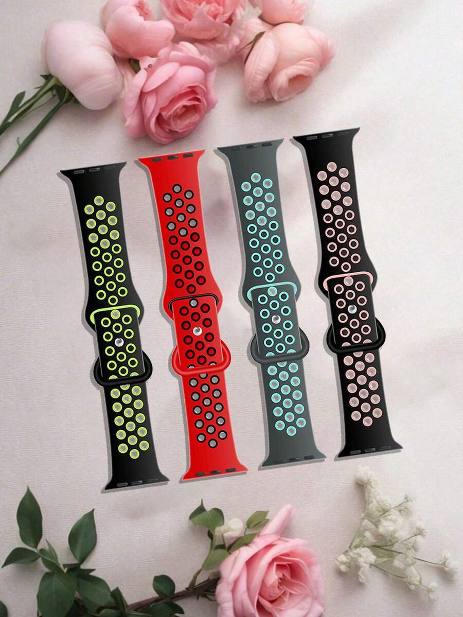 4件/組 中性時尚運動款 柔軟舒適透氣 雙色孔洞矽膠扣錶帶，相容 38mm、40mm、41mm、45mm、44mm、42mm、49mm，適用於錶帶、百搭休閒手鍊、腕帶，派對禮物、節日禮物。相容 Ultra 系列 9/8/7/6/5/SE/4/3/2/1 機型，可更換錶帶配件。