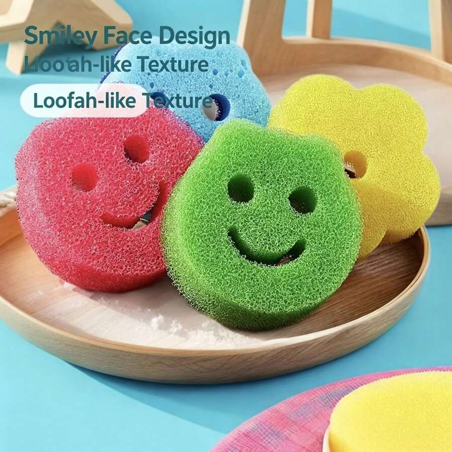 4pcs Multi-Color Smiling Face Sponges With Color-Coded Surface (Pink, Yellow, Green, Blue) And Hanging Hole, Versatile Household Cleaning Cloth For Daily Cleaning Needs (Random Color) - Cleaning Sponge - View 1