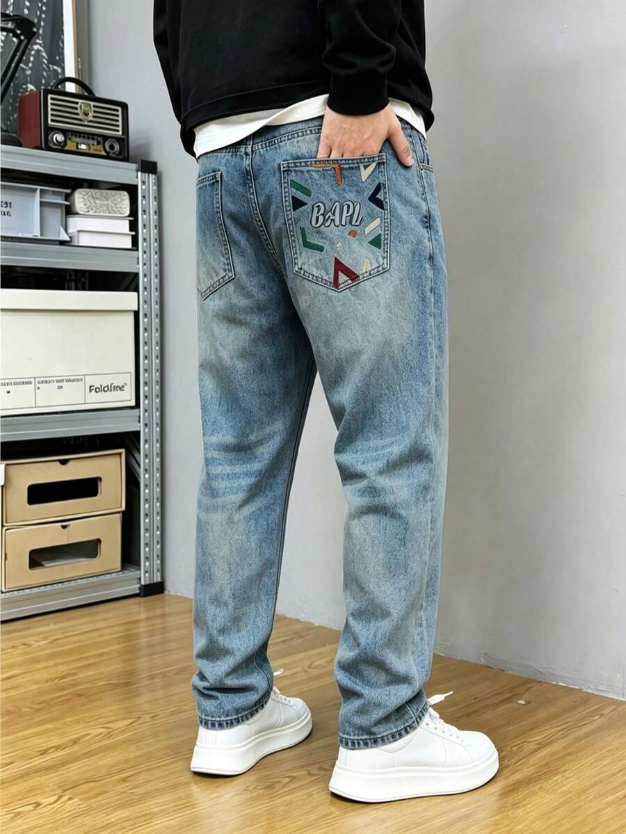 Men's Washed Embroidered Denim Pants Are Comfortable And Versatile For Daily Wear, Suitable For All Seasons, Back To School, Party Gatherings - Medium Wash - View 1