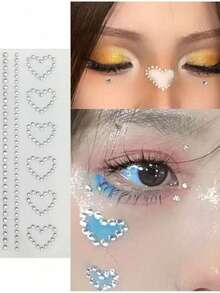 1 pieza Pegatina facial de strass con contorno de corazón, combinación de corazón hueco + rayas lineales, respaldo autoadhesivo, estilo dulce para maquillaje de escenario, pegatina de strass con brillo para ojos & cara - Multicolor - Ver 4