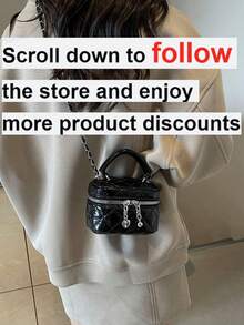 1pc Mini Women Handbag Fashionable Solid Color Embroidered Rhombus Pattern Crossbody Bag For Cards & Keys - Black - View 2