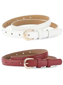2pcs Camel Color Buckle Belts With Hole Puncher - White + Burgundy - View 1