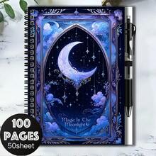 1 Set Dreamy Starry Sky Style 2D Cover Spiral Coil Notebook Set With Pen, 100 Pages 50 Sheets, Exquisite Pattern "Magic In The Moonlight". Suitable For Back To School, Work And Study Scenes, Great For Journaling, Daily Planning Or As A Memo, Also A Thoughtful Gift Choice For Graduation And Birthdays. - M - View 1