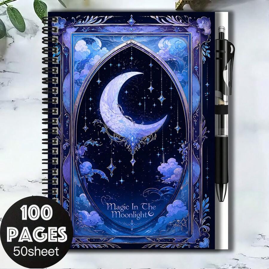 1 Set Dreamy Starry Sky Style 2D Cover Spiral Coil Notebook Set With Pen, 100 Pages 50 Sheets, Exquisite Pattern "Magic In The Moonlight". Suitable For Back To School, Work And Study Scenes, Great For Journaling, Daily Planning Or As A Memo, Also A Thoughtful Gift Choice For Graduation And Birthdays. - M - View 1