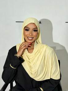 1 pieza Bufanda elegante y casual de unicolor clásico simple para mujer, bufanda de punto premium de jersey de modal con dobladillo, estilo turbante, adecuada para la vida diaria, viajes y reuniones - Amarillo crema - Ver 1