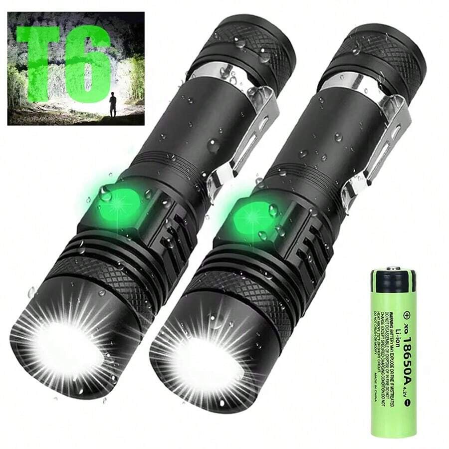 1/2PCS T6-LED Zoomable Flashlight, IP65 Waterproof, Multiple Charging Methods With Power Indicator, Portable Clip Design(No Batteries ) - Flashlight - View 1