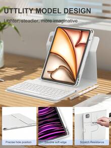 360°旋转键盘保护套，兼容iPad A16（第11/10代）、第9/8/7代（10.2英寸）、iPad Air（10.9/11英寸），采用TPU翻盖PU皮革材质，包含无线蓝牙键盘（150mAh电池）和支架，银灰色 - 銀色 - 查看 4