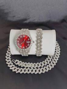 3pcs/Set European And American Hip Hop Cuban Bracelet Necklace Watch Gift Set Quartz Watch - 3pcs - View 6