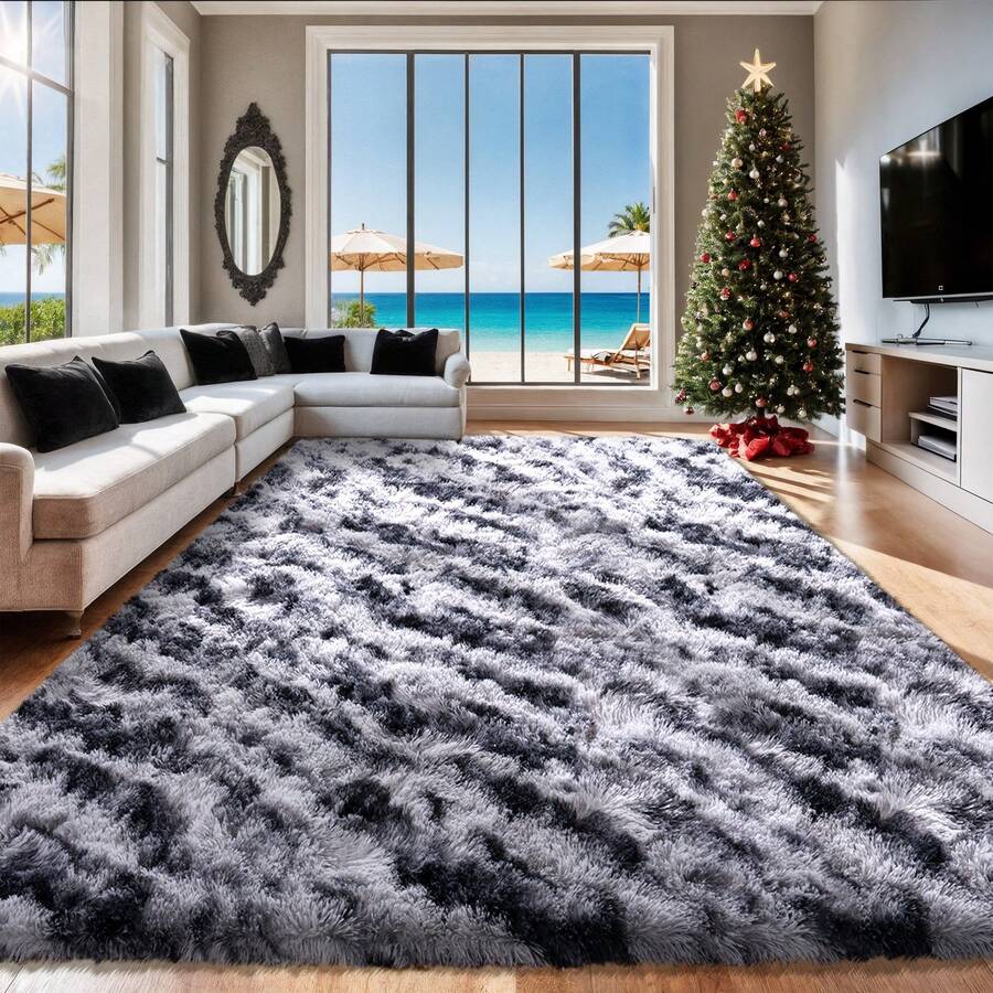 WISH TREE 8x10 Area Rugs For Living Room, Fluffy Shaggy Rug Soft Carpets, Big Rugs For Bedroom Home Decor Aesthetic Tie-Dyed Stipe Black Grey - Tie-dyed Stipe Black Grey - 查看 1