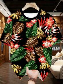 2pcs/Set Plus Size Men's Hawaiian Vacation Set Shirt, Loose Beach Casual Daily Versatile Outfit Sports Black Summer - Black - View 3