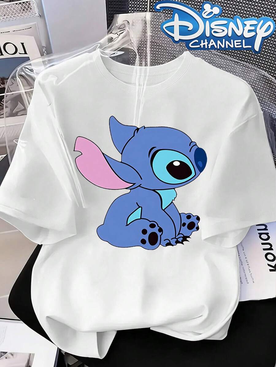 Disney Lilo & Stitch Simple Sitting Side Profile Print Crew Neck Tee, Minimalist Cute Cartoon Casual Top - 白色 - 查看 1