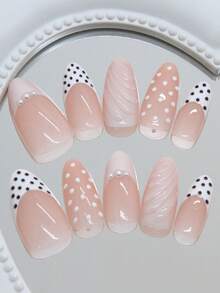 30 Peças de Adesivos de Unhas em Formato de Amêndoa Minimalista, com Design de Ondas Gradientes Tridimensionais e Pontos de Pérola Francesa. Acompanhado por 1 Tubo de Cola de Gel e 1 Raspador. Unhas - Multicolorido - Visão 2