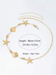 1件海洋風金屬海星與貝殼腰鍊，適合女性日常夏季度假穿搭 - 金黃色 - 查看 4