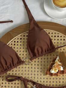 2pcs Sexy Summer Bikini Set - Beige Triangle Top And High Slit Bottom With Bronze Metal Rings And Adjustable Ties Vacation Beach Brown - Brown - View 7