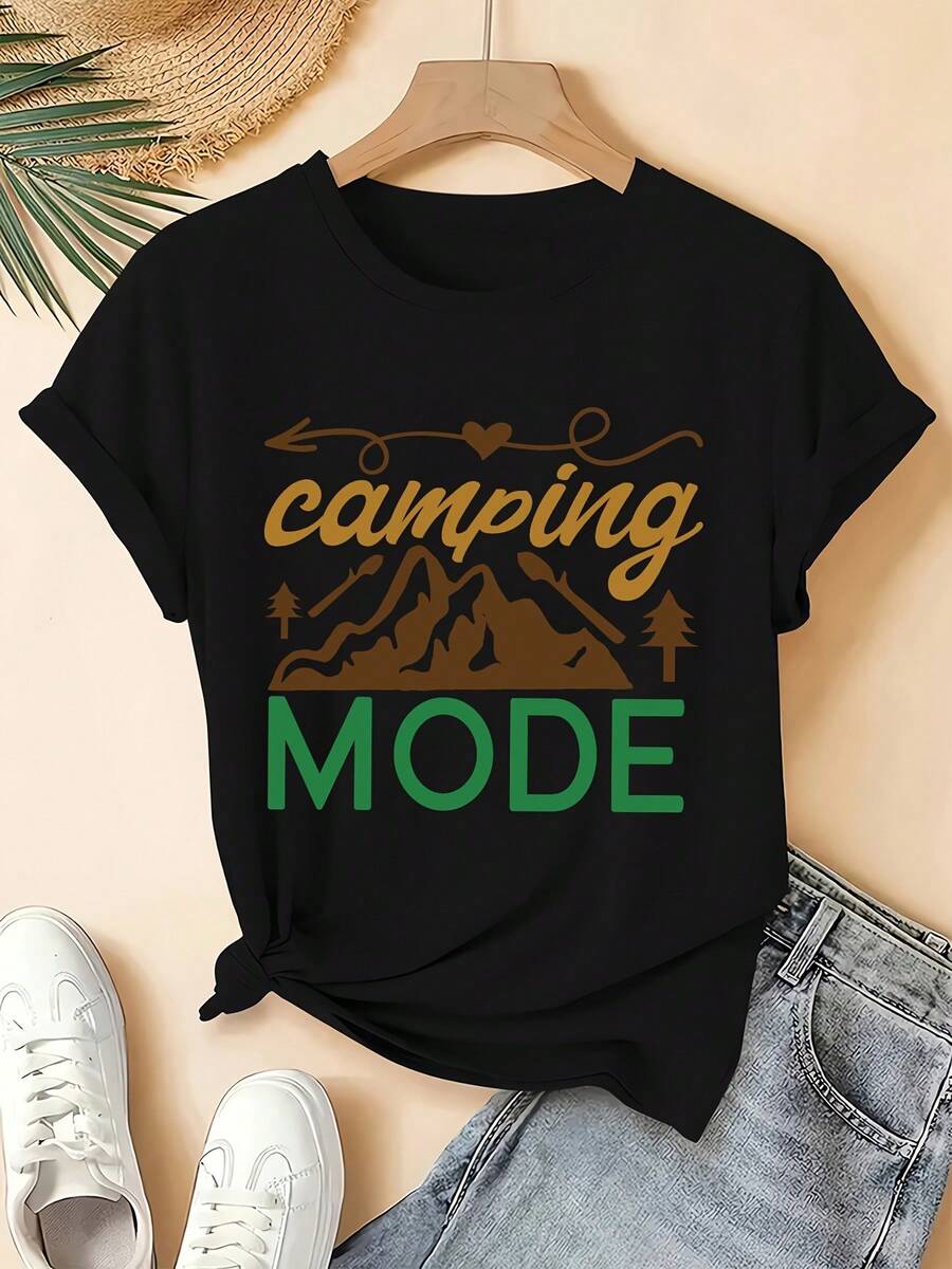 Women's Plus Size Casual-Shirt With Outdoor Camping Bonfire Camping MODE Print, Suitable Spring, Summer, And Autumn, Round Neck, Short Sleeve, - 黑色 - 查看 1