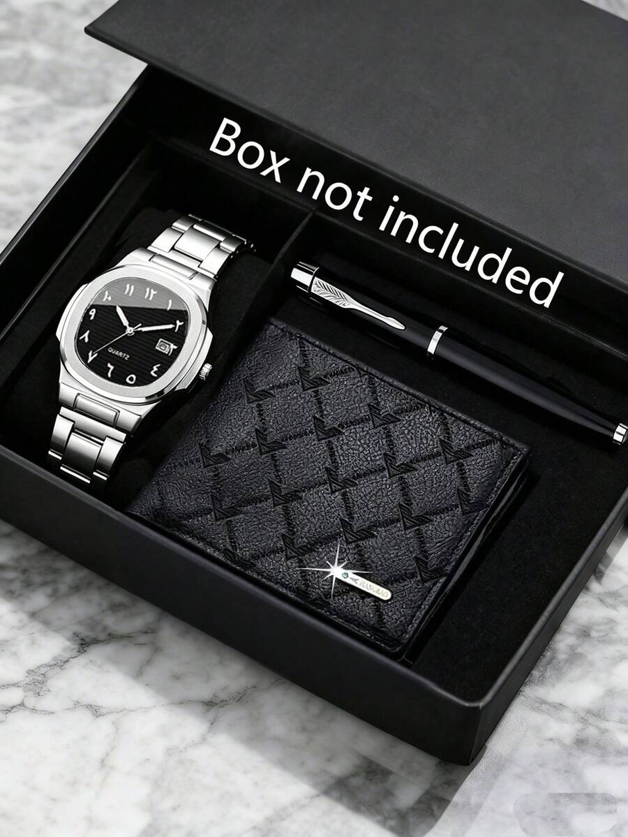 3-Piece Men's Gift Set: Watch, Wallet And Pen – Men's Business Gift - Silver - View 1
