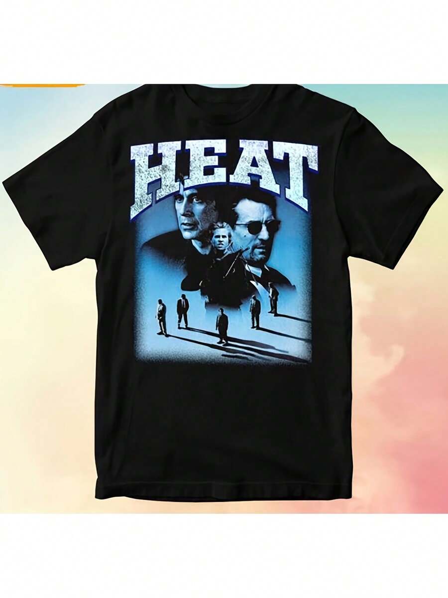 Heat 1995 Movie Graphic T-Shirt For Men - Black Mix, Short Sleeve, Crew Neck, High Elasticity, All Year Round Casual Wear With Movie Poster Design, T-Shirt - 黑色 - 查看 1