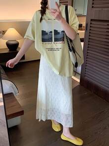 New Solid Color Pleated High Waist Hip-Covering Slimming Skirt, Elastic Waist Versatile A-Line Mid-Length Skirt White - White - View 4