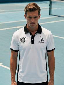Men's White Contrast Colorblock Collar Polo Shirt, Short Sleeve Button Front Graphic Letter Animal Print, Golf Tennis Soccer Summer - White - View 1