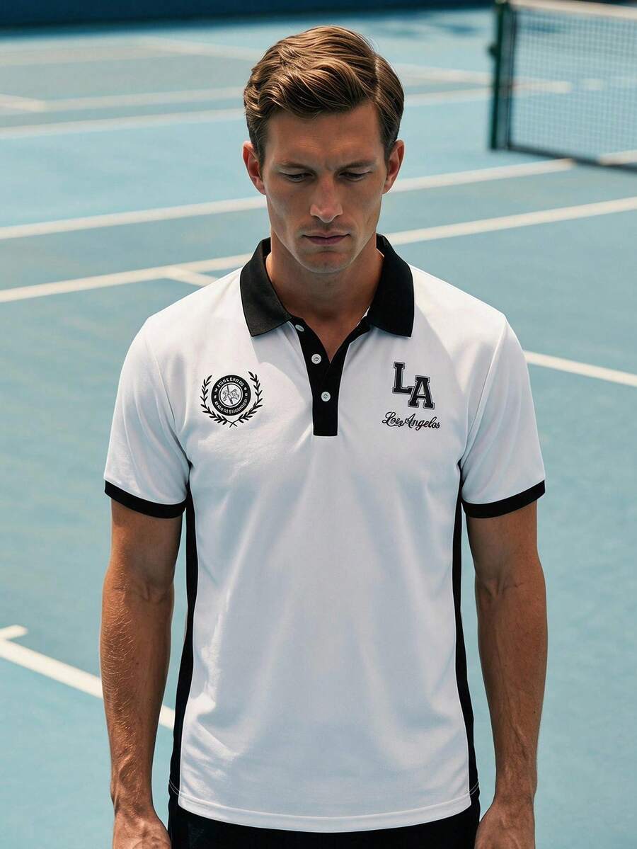 Men's White Contrast Colorblock Collar Polo Shirt, Short Sleeve Button Front Graphic Letter Animal Print, Golf Tennis Soccer Summer - White - View 1