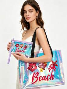 Holographic Rainbow Starfish & Shell Print Transparent Tote Bag, Colorful Transparent Beach Bag, Large Waterproof PVC Swimming Bag, Portable Transparent Travel Shoulder Bag, Lightweight Durable Pool Bag, Fashion Transparent Handbag Suitable For Beach Vacation, Swimming, Sports Training, Fitness, Travel, Daily Outings, Shopping, Mother's Day, Birthday, Anniversary, Party Gifts For Women, Girls, Moms, Friends, Summer Essential - Multicolor - View 7