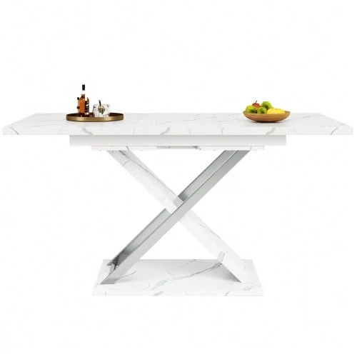 Extendable Dining Table (118-157*75cm), Kitchen/Living Room Table, Side Table, Extends From 118 To 157 Cm Thanks To An Integrated Extension Leaf, Dining Table With Crossed Legs - 白色 - 查看 1