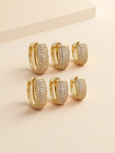 CHICAT 6pcs Elegant Luxury Wide Hoop Copper Earrings, Inlaid With Sparkling Synthetic Zirconia, Minimalist Fashion, Stackable Earrings, Suitable For Women's Daily, Party And Vacation Wear, Creative Jewelry Gift