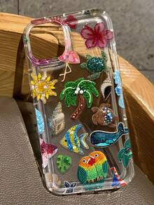 1個氣墊珠飾刺繡鸚鵡椰子樹極簡個性化TPU防摔全包手機殼，適用於Apple 17 16 15 14 13 12 11 Pro Max Air 及系列 - 彩色 - 查看 4