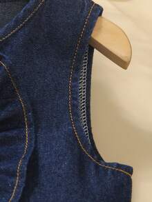 Young Girl Denim Set Fashionable Cute Ruffle Hem Button Front Round Neck Sleeveless Dark Blue Denim Vest Top And Casual Versatile Dark Blue Denim Wide Leg Pants Long Pants Set Back To School - Dark Wash - View 6