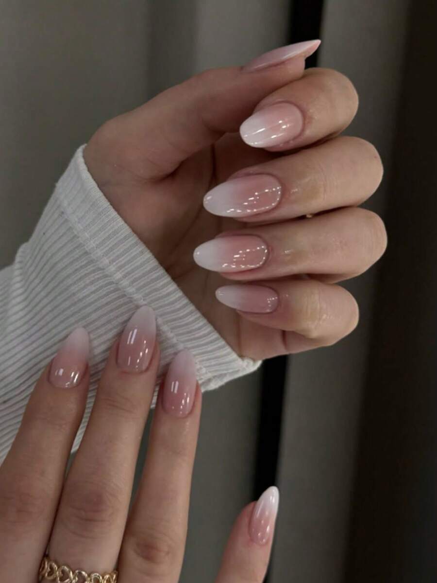 24 pièces Ongles à presser de forme amande moyenne, style français minimaliste dégradé rose & blanc, doux et sucré, couverture complète, avec colle gelée et lime à ongles, convient pour l'utilisation quotidienne de toutes les femmes, fournitures d'art pour les ongles. - Multicolore - Voir 1