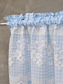 1pc Plaid Pattern Kitchen Short Curtain With Lace Trim And Pom Pom Decoration, Rod Pocket Top (Curtain Rod Not Included) Cabinet Curtain, American Country Pastoral Style Half Curtain, Suitable For Kitchen, Cafe, Bedroom And Other Decor - Blue - View 3