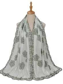Spring/Summer Elegant Exquisite Wavy Petal Embroidered Edge 3D Floral Embroidery Modest Solid Color Embroidered Lace Organza Sequin Embroidery Headscarf Flower Hijab Shawl For Abaya - Multicolor - View 2